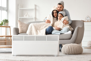 Frozen family in hats with plaid and lack of heating hugging at home
