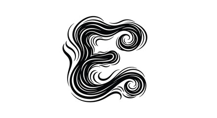 Fototapeta premium Artistic and abstract black and white decorative letter E, designed with flowing, wavy lines that resemble hair, smoke, or water currents.