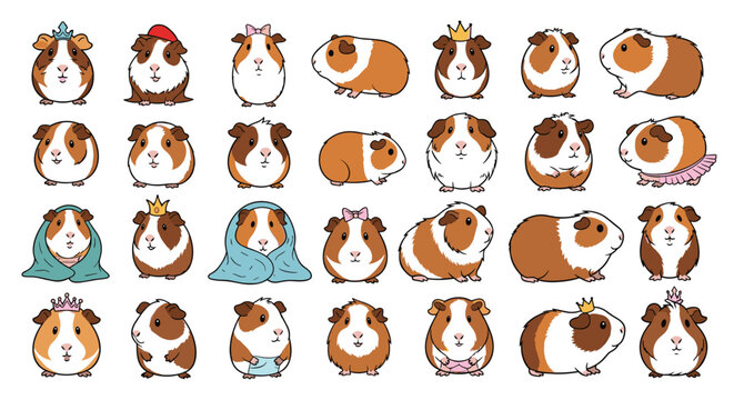 Large collection of cute cartoon guinea pig characters in various poses and with different accessories like crowns, bows, and blankets.