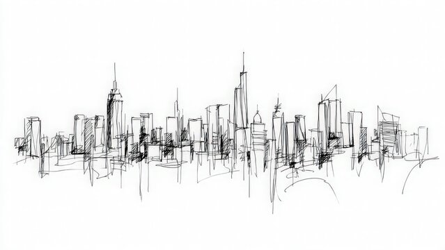 Minimalist White Sketch of City Skyline with Abstract Lines and Shapes