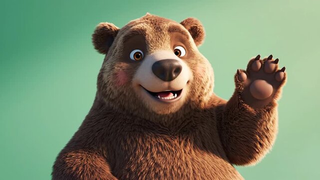 Friendly cartoon bear waving hand on green background.