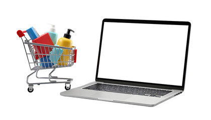 Online shopping cart filled with toiletries next to a modern laptop with Transparent Background screen