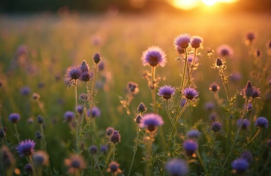 Wild purple flowers bloom in a grassy meadow at golden hour sunset. Soft light illuminates flora stalks and petals creating a peaceful, natural landscape scene.