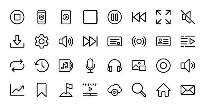 Multimedia and media player line icon set. Vector pictograms of play, pause, record, volume, settings, microphone, headphones, and home, thin outline illustration.