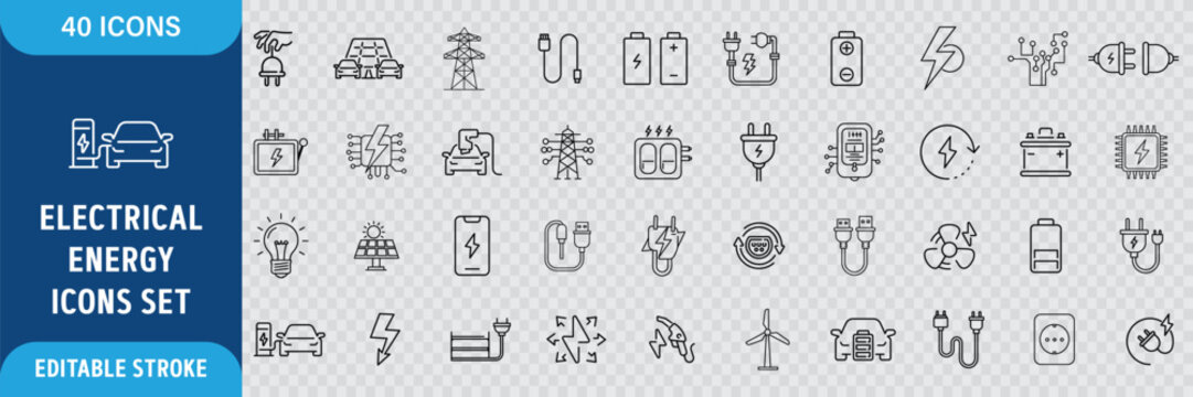 Electricity Line Icon Set. Electrical Energy, Power Supply, Voltage, Electric Current, Light Bulb, Renewable Energy, Power Grid, Electrical Equipment Icons. Editable Outline Stroke. Vector