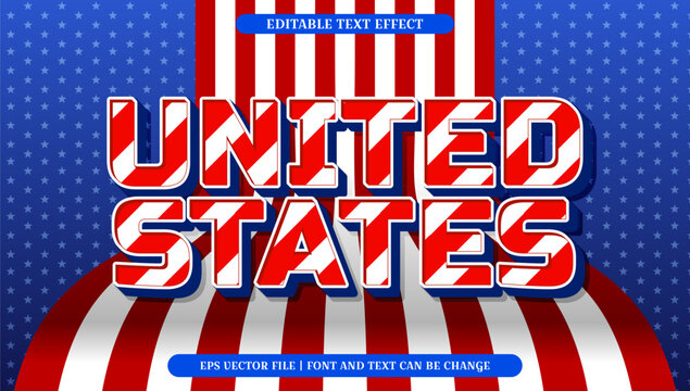 Dynamic red and white striped editable text effect for 'United States' theme, featuring a bold 3D typographic design on a patriotic blue background - Powered by Adobe