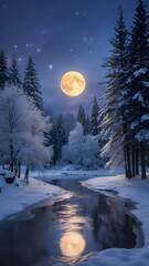 A breathtaking full moon casts its magical glow on a serene, snow-covered winter forest and a partially frozen river