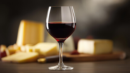 Naklejka premium Red wine glass with cheese selection on wooden board