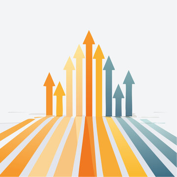 Colorful graphic illustration of multiple arrows pointing upwards in a variety of orange and blue hues on a white background with a shallow depth of field.