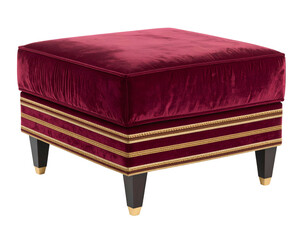 Luxurious dark red velvet ottoman with gold trim and dark legs