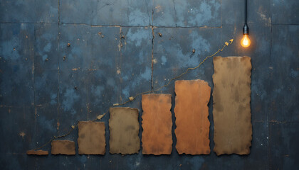 Vibrant business growth chart on rustic wall with glowing light bulb