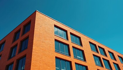 Modern orange brick building with large dark windows under clear blue sky. Simple geometric facade shows clean lines, symmetrical patterns. Building exterior made of bricks.