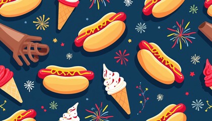 Seamless pattern of hot dogs ice cream cones and fireworks on navy blue background. Offers fun festive food theme for party events summer cookouts celebrations graphic design.