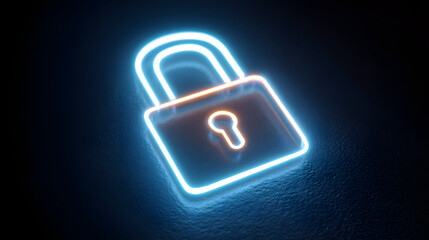 Digital security measures neon lock icon modern tech environment graphic design futuristic view