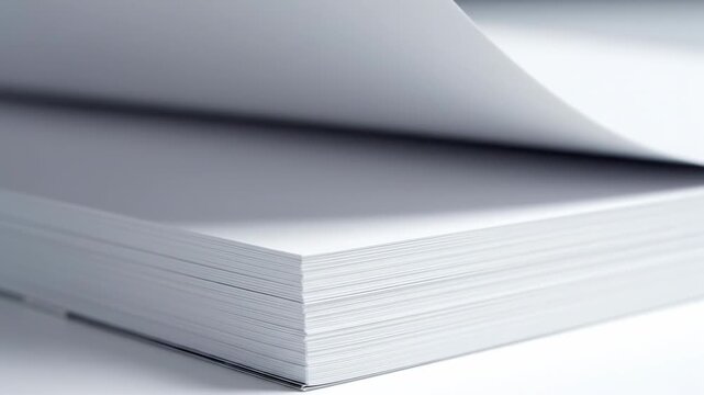 Extreme slow motion close-up capturing the pristine white blank pages of a closed magazine mockup subtly lifting and settling back down product shot, empty template, design element