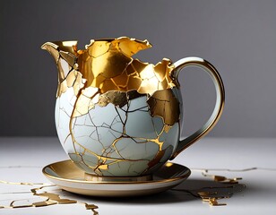 Beautifully restored ceramic pitcher with golden, intricate fault lines