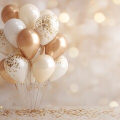Obraz premium New year celebration balloons in white gold and rose gold with confetti on floor