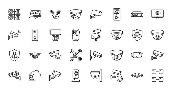 Security and surveillance line icon set. Vector pictograms of cctv cameras, dome sensors, drones, video doorbells, monitors, and network routers, thin outline illustration.