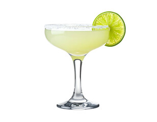 Pale green cocktail in coupe glass, salted rim, lime garnish
