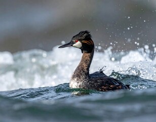 Bird with striking red eye swims through the water, crest raised