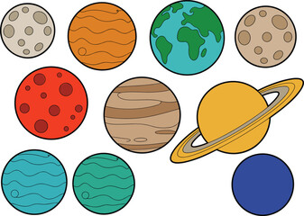 Cartoon solar system planets set, colorful illustration of Earth Saturn and space objects, astronomy education, science infographic concept © Miss