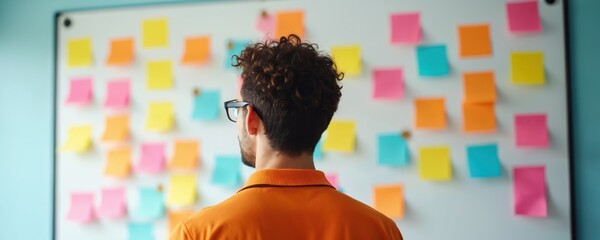 Man thinks about colorful sticky notes. Person plans project on a whiteboard. Ideas and creativity for work. Modern office planning. Teamwork and strategy.