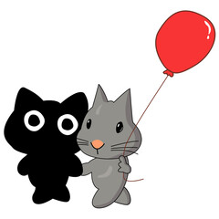 Cartoon Cat and bunny Holding a Red Balloon