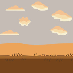 Flat Illustration of Grassy Field with Cloudy Sky