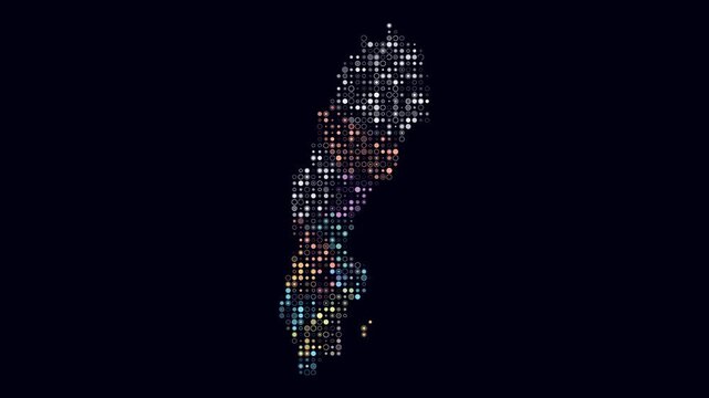 Sweden animated country shape. Pulsating colored dots on the map of the country. Small size circle blocks. Digital style Sweden map on dark background. Amazing animation video.