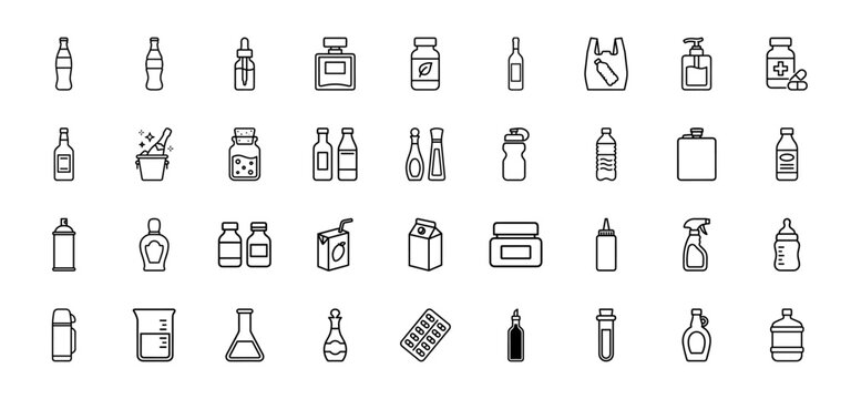 Bottle and container line icon set. Vector pictograms of water, glass jar, medicine, perfume, milk carton, spray, alcohol, and cosmetic packaging thin outline illustration.