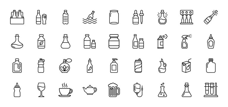 Beverage and liquid container line icon set. Vector pictograms of bottles, jars, cans, spray, juice, wine, coffee, beer, and lab equipment, thin outline illustration.