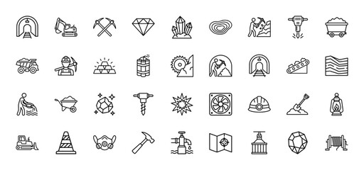 Fototapeta premium Mining and mineral extraction icon set. Vector pictograms of excavator, diamonds, gold, coal, dynamite, tunnel, helmet, shovel, and machinery, thin outline illustration.