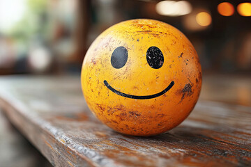 A worn smiley face ball with scratches around, Staying positive despite life's challenges and struggles. A cheerful smiley face ball rests on a wooden surface, evoking happiness and positivity.