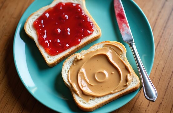 Two slices of white bread with peanut butter and jelly spread on them sit on a teal plate. A knife with jelly on it rests beside the sandwich. Lunchtime preparation with classic American comfort food.