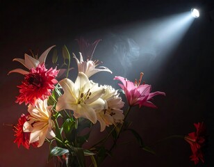 A bouquet of lilies bathed in a dramatic spotlight against a dark background with wisps of smoke adding to the ambiance © Irta