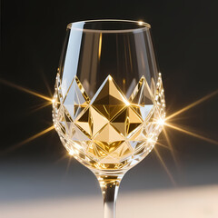 Crystal wine glass highlighted by soft gold light, professional photo style