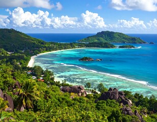 Obraz premium A breathtaking coastal scene captures a sweeping bay with turquoise waters, lush green hills, and a clear blue sky with fluffy clouds