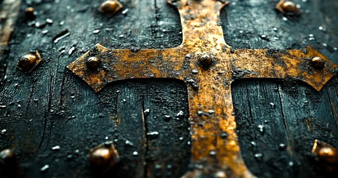 Close-up of an ancient shield with a cross design