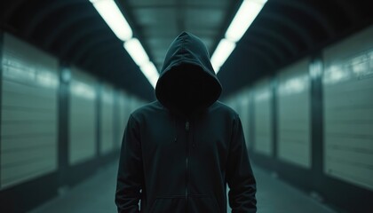Mysterious figure in dark hoodie stands in empty subway tunnel. Figure face is obscured. Dimly lit passage with overhead lights creates a sense of anonymity and unease.