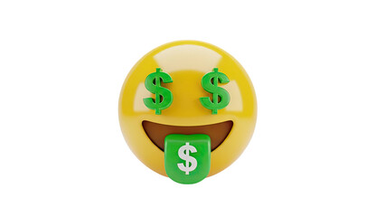 3D Money Face Emoji with Dollar Sign Eyes and Tongue on transparent background