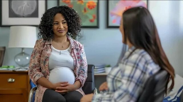 Prenatal consultation between pregnant woman and healthcare professional | Expecting mother receiving prenatal care and medical advice | Pregnancy healthcare support and maternal wellness consultation
