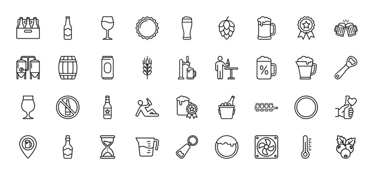 Beer and brewery line icon set. Vector pictograms of hops, mug, bottle, barrel, tap, tank, can, wheat, pint, keg and opener, thin outline illustration.