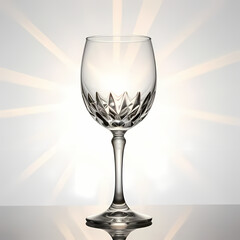 Wine glass with reflective crystal details, golden light rays, clean background
