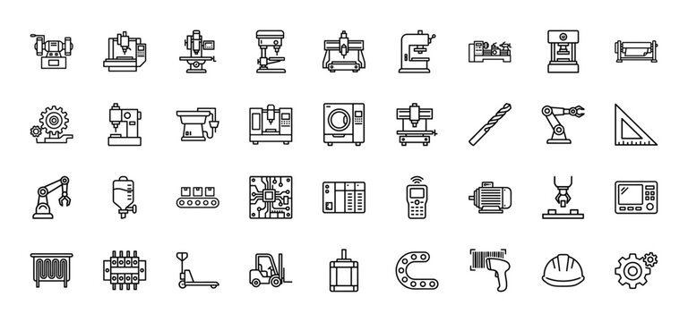 Industrial manufacturing line icon set. Vector pictograms of lathe, robotic arm, conveyor, forklift, gears, drill, motor, factory equipment, thin outline illustration.
