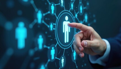Hand touching digital network interface displaying people icons connecting. This represents teamwork, recruitment, and onboarding processes in a business.