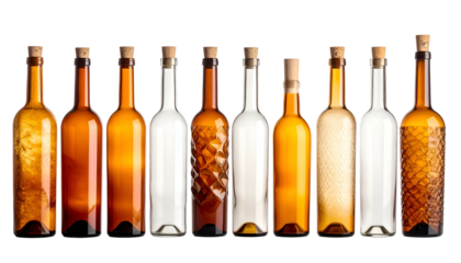 Row of glass bottles, some tinted amber, others clear, cork stoppers