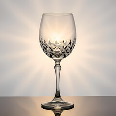 Wine glass with reflective crystal details, golden light rays, clean background