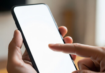 Person holds a smartphone with a blank white screen, perfect for showcasing mobile apps or digital content, highlighting personal technology and interactive connectivity