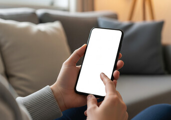 Person holds a smartphone with a blank white screen, perfect for showcasing mobile apps or digital content, highlighting personal technology and interactive connectivity