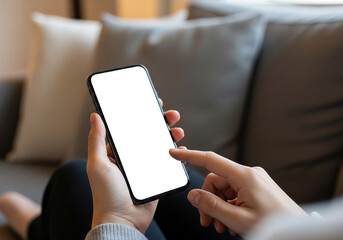 Person holds a smartphone with a blank white screen, perfect for showcasing mobile apps or digital content, highlighting personal technology and interactive connectivity